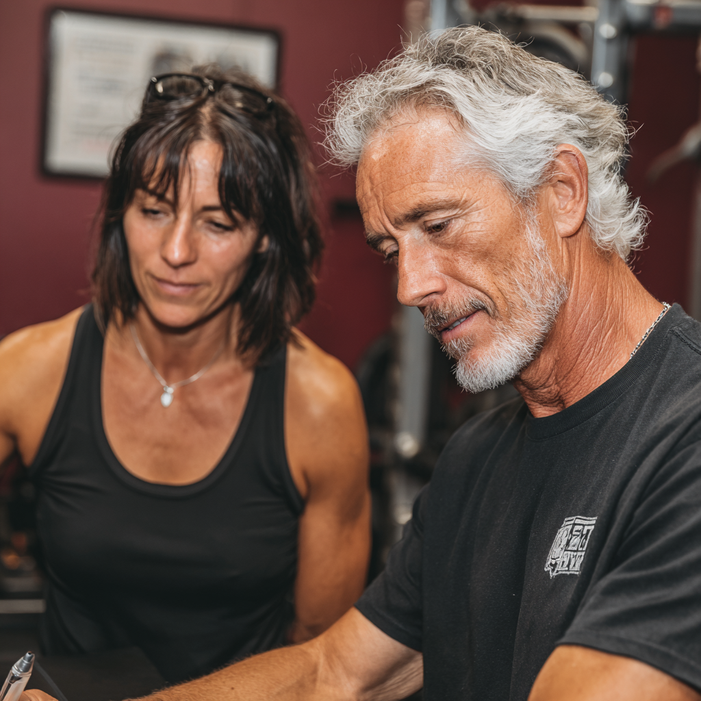 Тренер 54 років працює з клієнтом 59 років, розробляючи індивідуальну програму тренувань з урахуванням особливостей віку