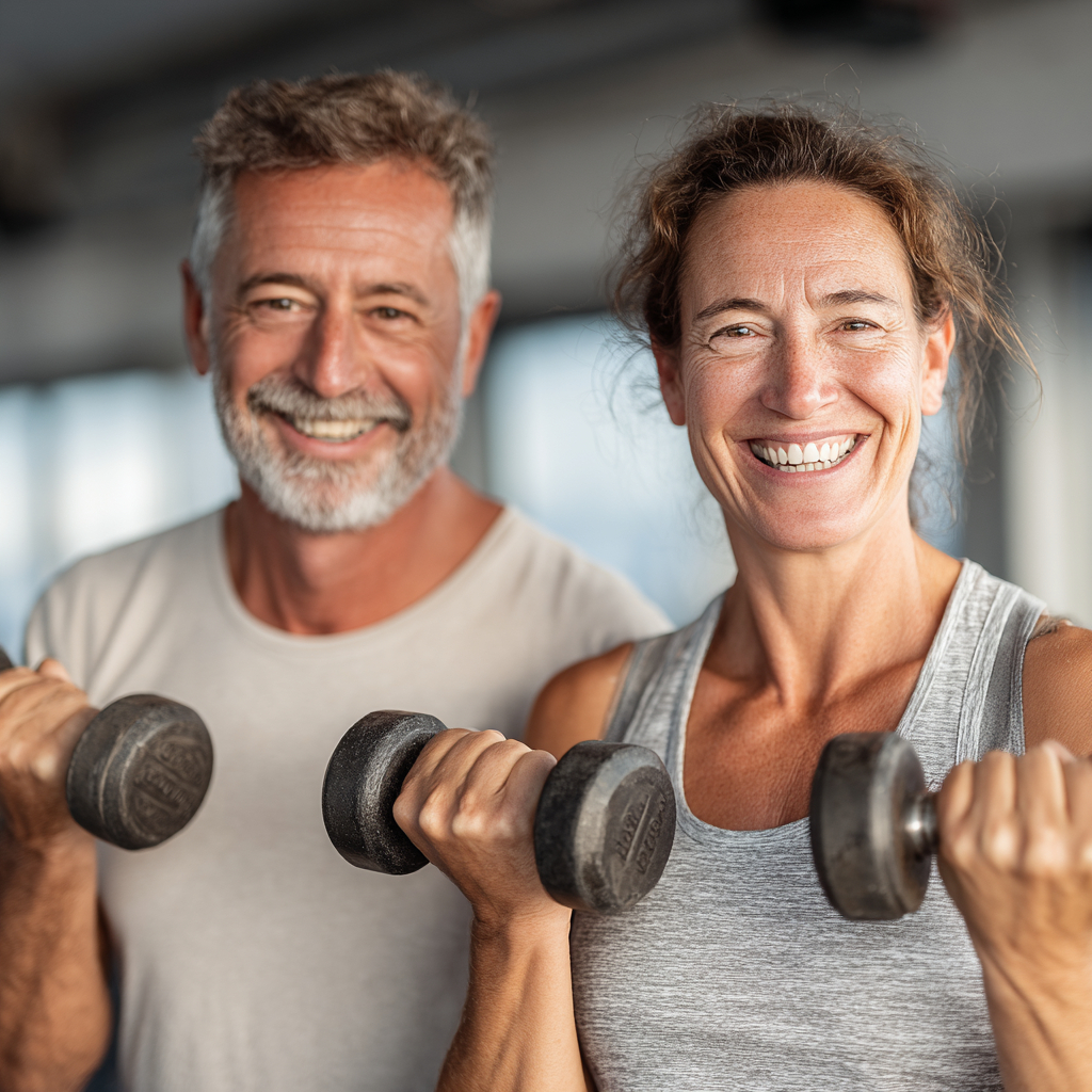 Чоловік 58 років та жінка 52 років разом виконують силові вправи з гантелями, посміхаючись та підтримуючи один одного