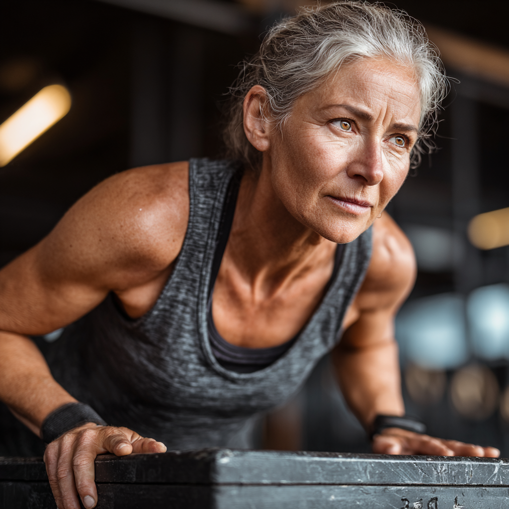 Енергійна жінка 55 років виконує функціональні вправи в сучасному спортзалі, демонструючи силу та витривалість