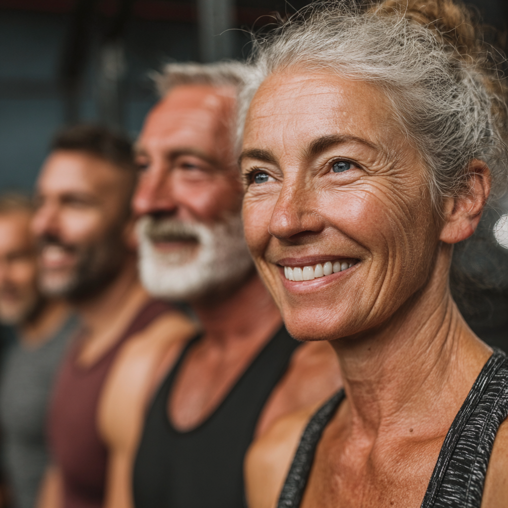 Група активних людей 50-60 років після успішного групового тренування в jandrelush, разом святкують досягнення